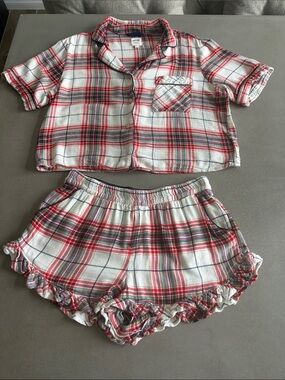 Women’s red plaid Christmas Pajama Set - Short Sleeve Top & Ruffle Shorts